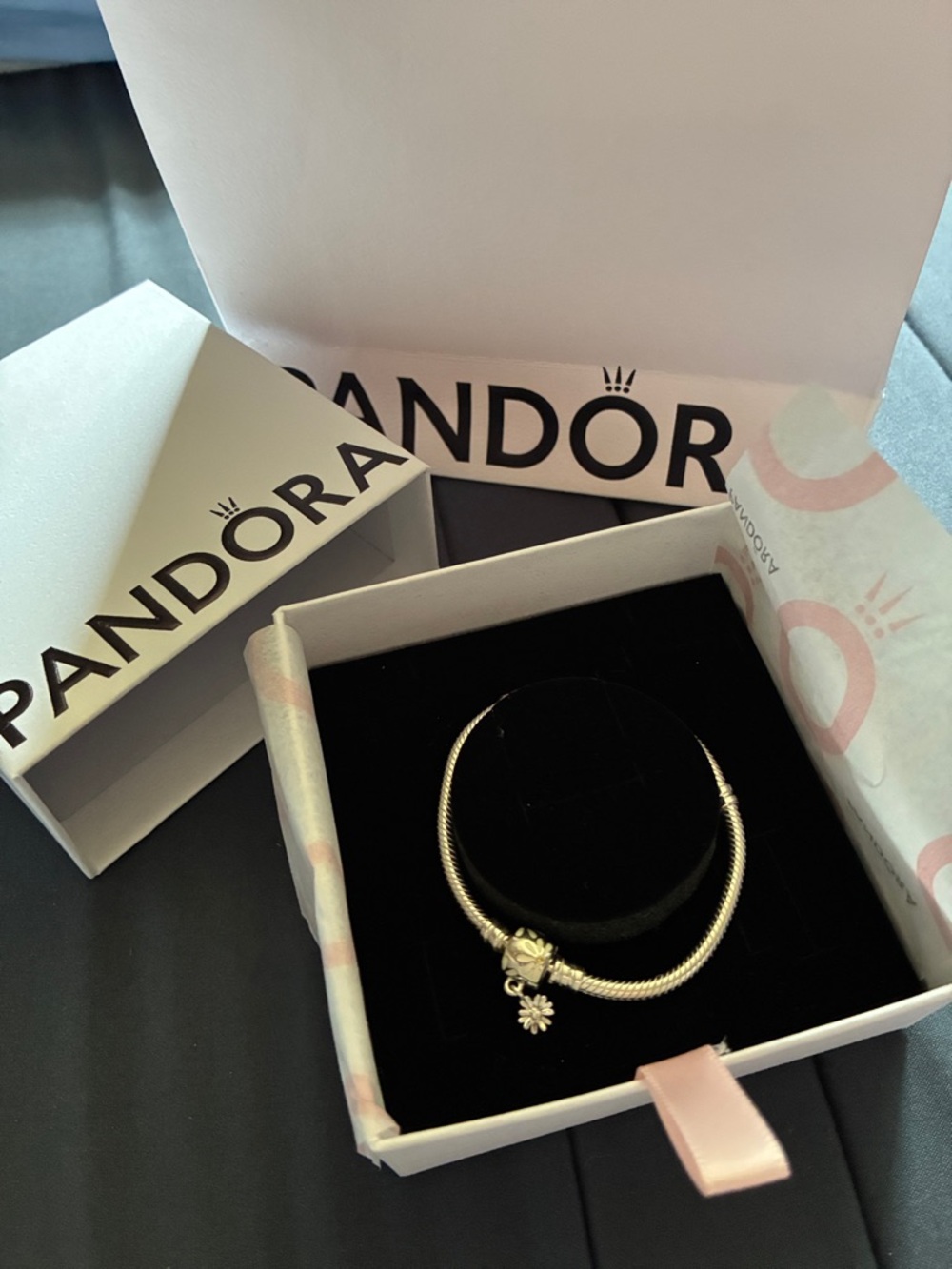 Pandora Silver Snake Chain Bracelet with Daisy Charm - Silver
